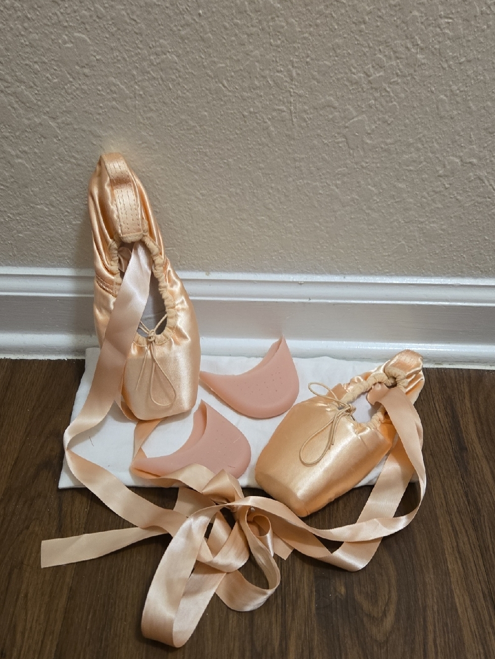 Peach Satin Ballet Pointe Shoes with Ribbons